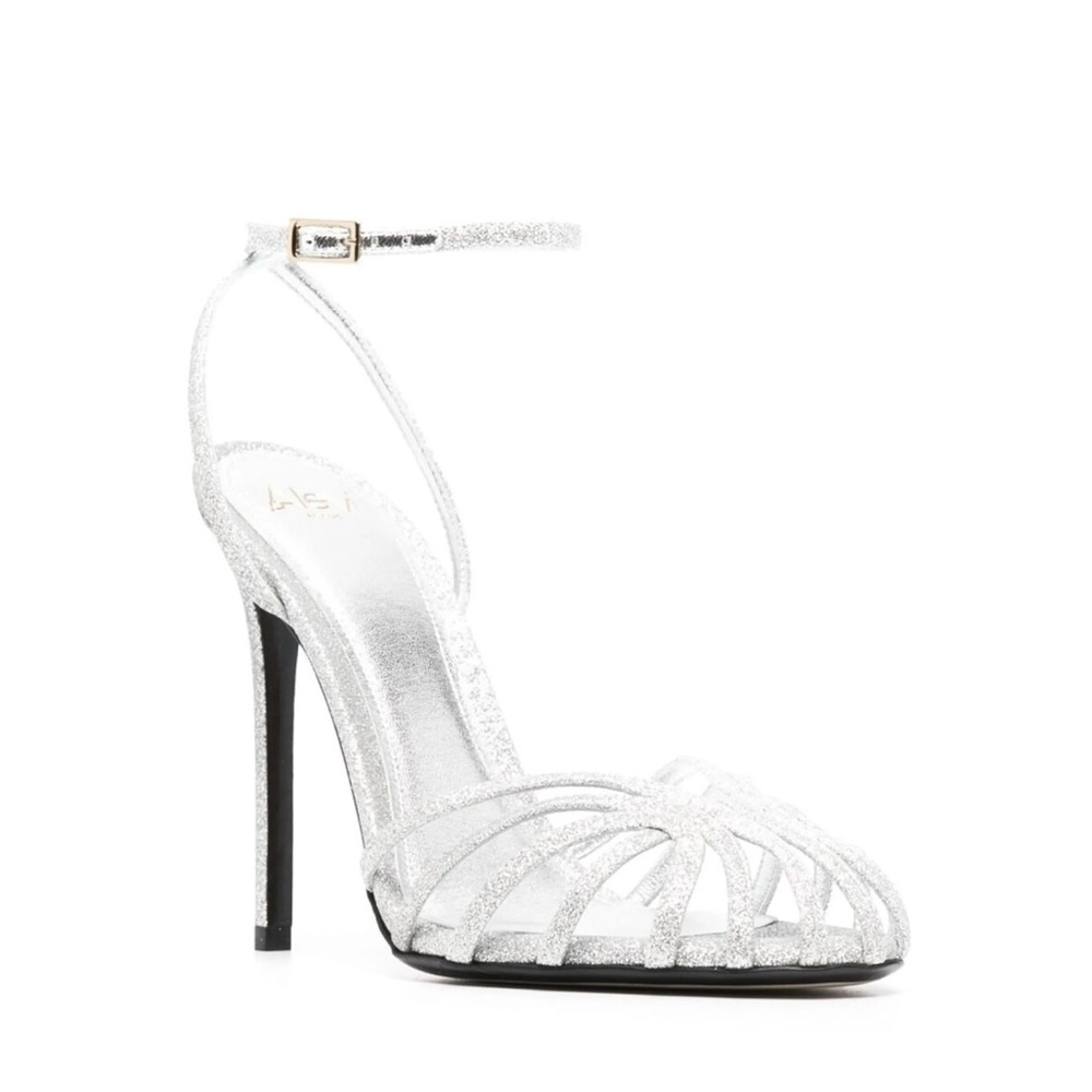 ALEVI MILANO Gloria leather silver Glittered Cage stiletto heel Sandals size 10
